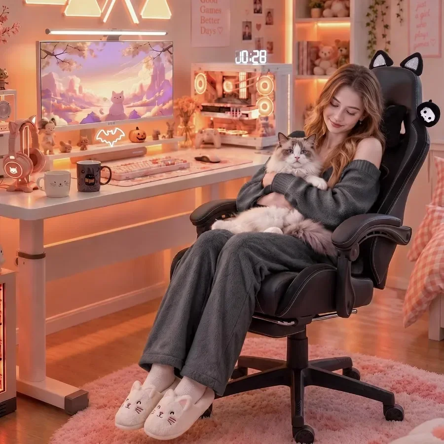 Gaming Chair for Adults with Cat Ears, Black PU Leather, Massage Lumbar Support and Ergonomic Reclining Design with Footrest an - view 3