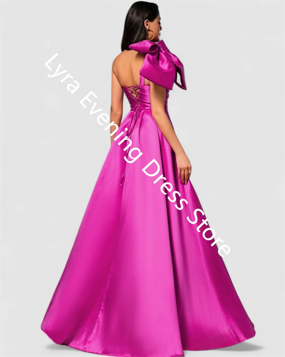 Maßgeschneidertes exquisites Fuchsia-Satin-Abendkleid mit einer Schulter, ärmellos, maßgeschneiderte Anlasskleider, Schleife, Heimkehrkleid, weich – Detail 5
