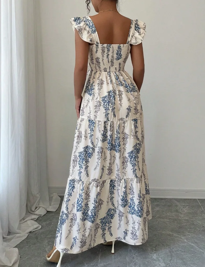 Damen-Maxikleid mit blauem Farnmuster, Boho-Stil, quadratischer Ausschnitt, Rüschenärmel, gesmoktes Sommerkleid für lässige Urlaubskleidung – Detail 3