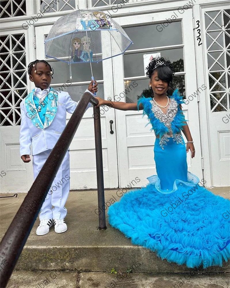 Vestido azul de flores con cuello en V para niñas, vestido de princesa con cuentas de cristal para niños, vestidos de fiesta de cumpleaños, volantes de plumas