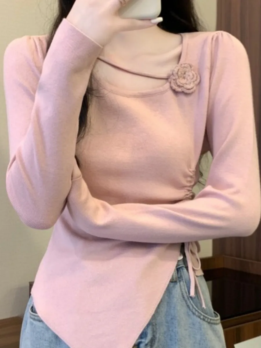 

Women's Long Sve Knitted Sweater Spring Autumn New Sle Dstring Waist Slim ort Length Flower Decoration Casual Top