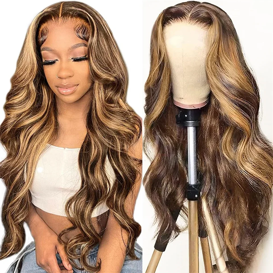 

30inch 13x6 13x4 Body Wave Highlight Wigs Human Hair Preplucked P4/27 HD Lace Honey Blonde Body Wave Lace Front Wigs Human Hair