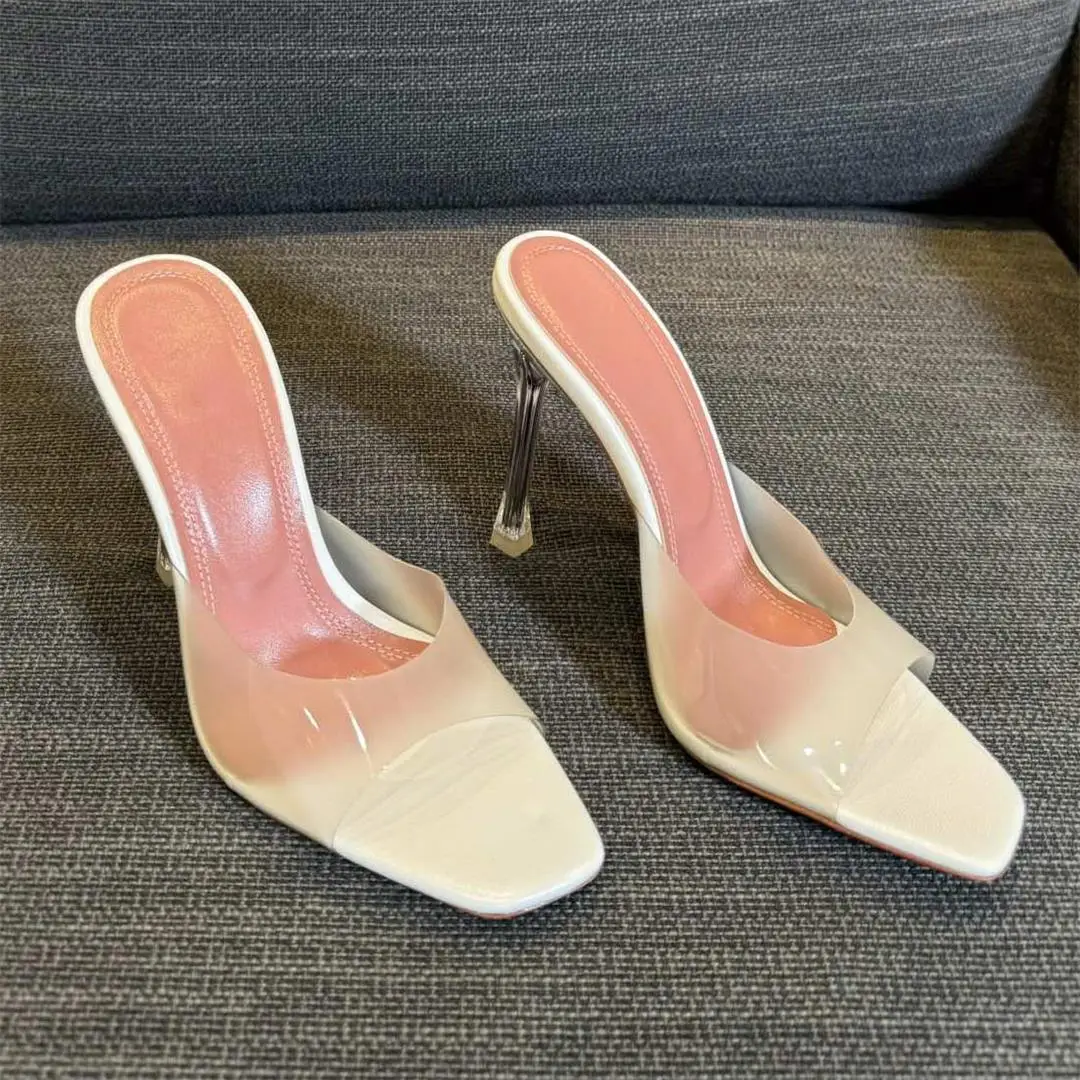 

Sexy High Heels Slippers Women Square Peep Toe Party Shoes Candy Color PVC Slides Stiletto Summer Runway Sandals Women Fashion