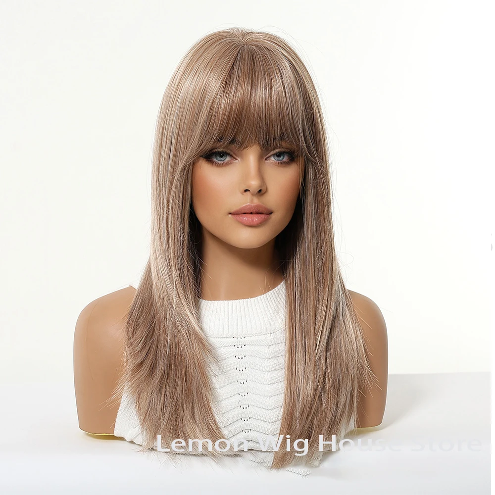 Warm Brown Synthetic Wig with Bangs Medium Long Straight  display picture 1