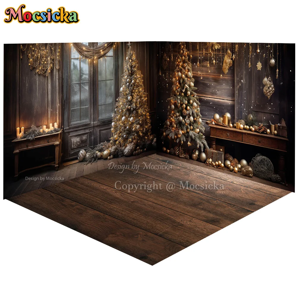 Christmas Room Photography Background Gold Xmas Balls Decor Pine Tree Backdrop Candle Floor Wooden Wall Photobooth Studio Photo