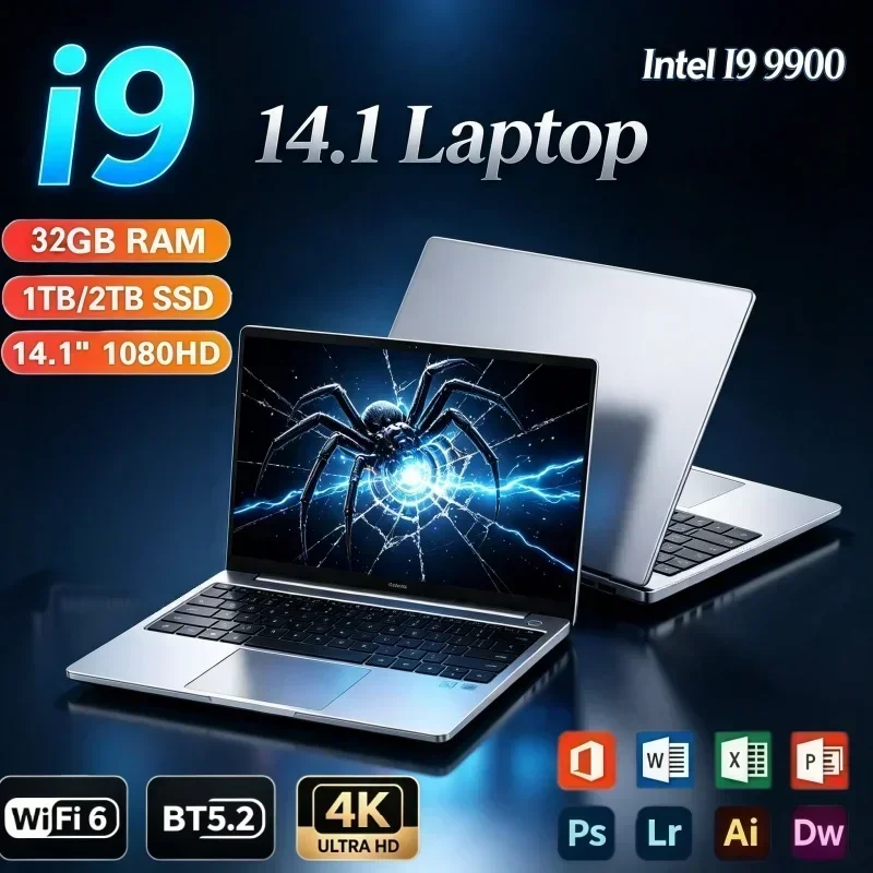 Ultra‑Slim 14.1 Inch Gaming Laptop 2026 New Intel I9‑9900 32GB RAM 2TB SSD Windows 11 Portable Business Office Gamer Notebook PC