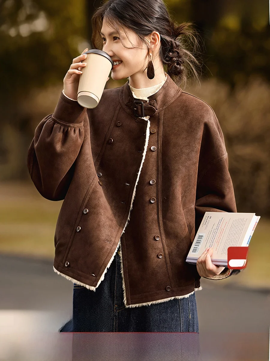XWI レディース スエード ジャケット サーマル裏地付き カジュアル ファッション 冬用 クールでエレガントなコート ストレートチューブ型