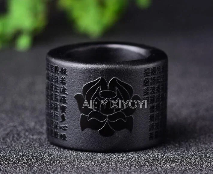Wonderful 35mm Outside Natural Black Obsidian Carved Lucky Lotus Buddhism Heart Sutra Large Thumb Ring Fine Man\'s Rings Jewelry