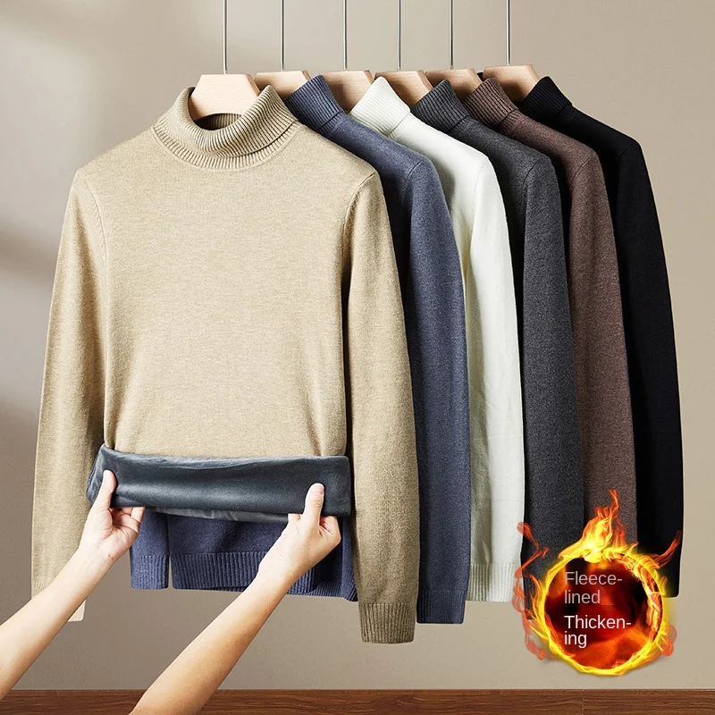 Sweater Turtleneck termal pria, dalaman bulu tahan dingin kelas atas netral kasual modis dipertebal Solid Co Musim Dingin