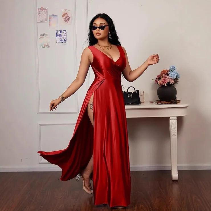 

Новое женское вечернее платье большого размера с V-образным вырезом, эластичной талией и круглым вырезом, из синтетического волокна, для повседневной носки, трансграничная продажа