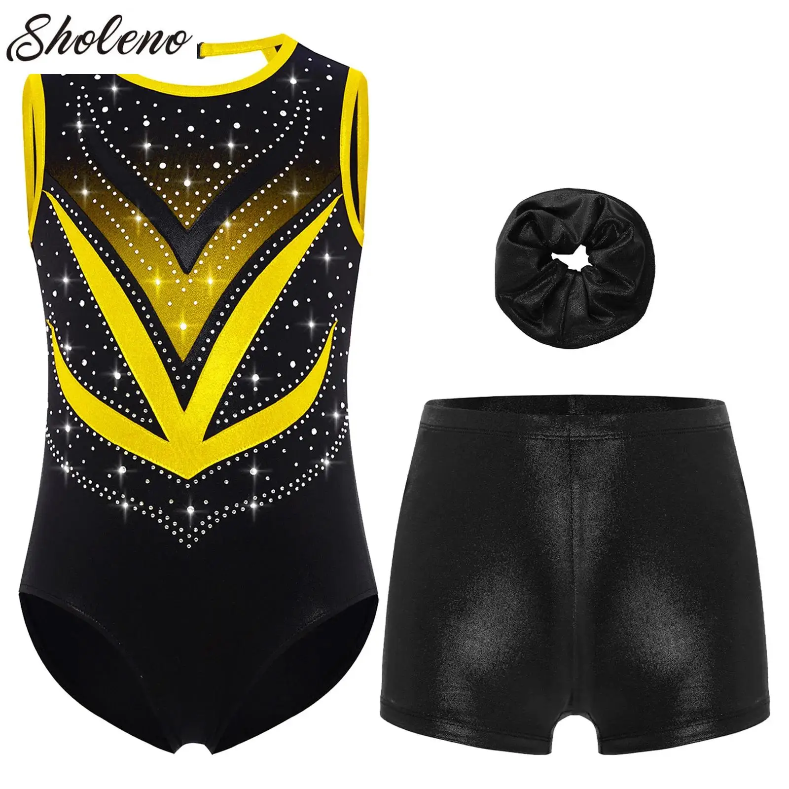 

Kids Girls Metallic Printed Leotard with Shorts and Hairband Sets for Ballet Dancing Figure Skating Gymnastics Jumpsuit Costume