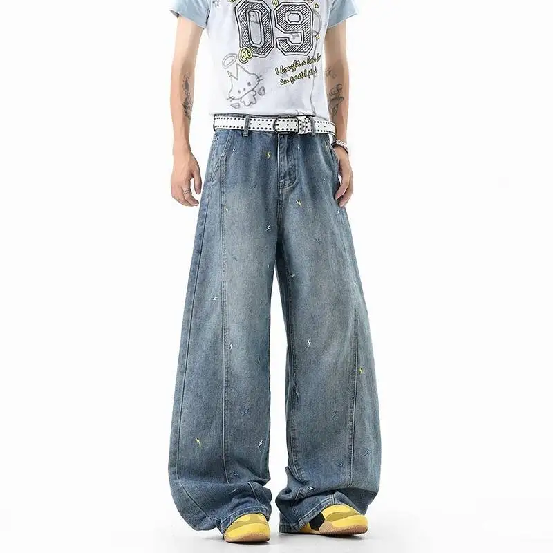 American Style Trendy Lightning Embroidery Patchwork Men's Jeans Loose Casual Wide Leg Denim Long Pants Summer New 9X3681