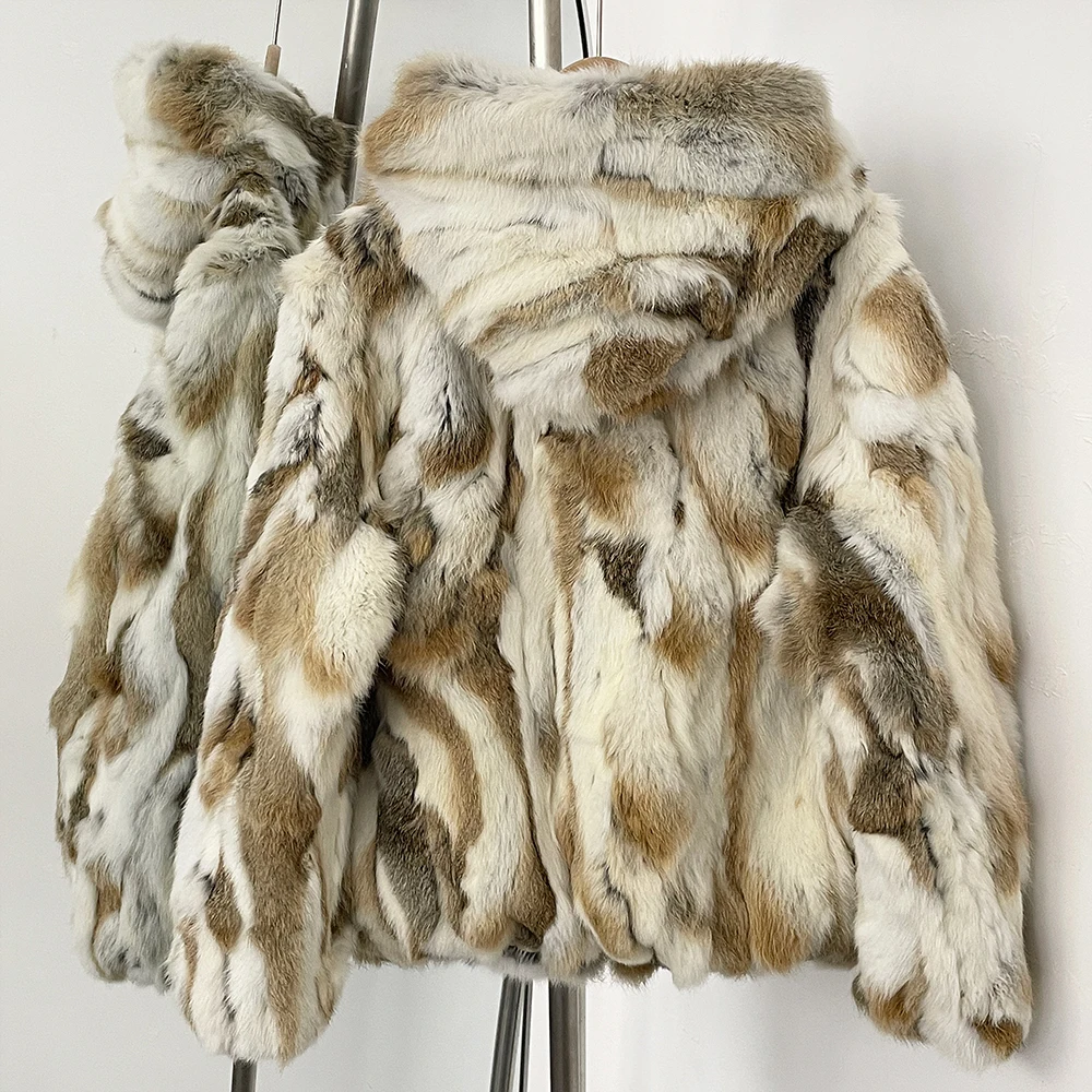 Natürliche Kaninchen Fell Jacke Dame Mode Herbst Winter Luxus Frauen Warm Zipper Mit Kapuze Verdickt Echtpelz Realität Pelzmantel Weibliche
