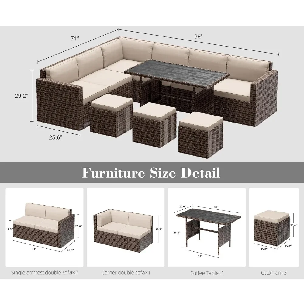 Conjunto de muebles de exterior para Patio, sofá Seccional de ratán PE para todo tipo de clima con cojines y mesa, 7 piezas