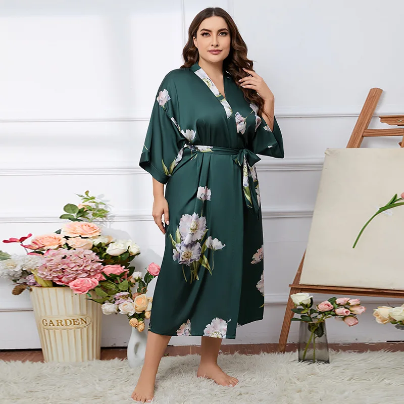 Oversize Print Satin Kimono Robe Women Sleepwear Nightgown Loungewear V-Neck Seven Points Sleeve Bathrobe Gown Lingerie