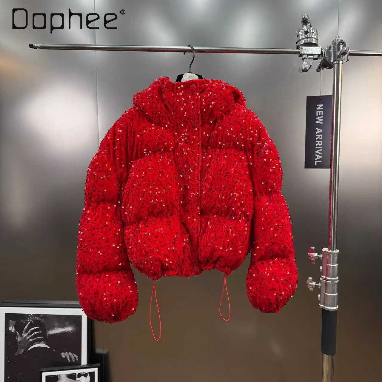

Hooded Long Sleeve Heavy Sequin Shiny Design Fashionable Versatile Cotton Jacket Fashion Thicken Warmer Short Coat Winter New