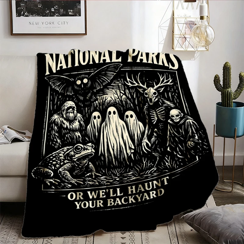 Protect Our National Parks Comfy Blanket, Cryptid Flannel Blanket, Bigfoot Mothman Ghost Wendigo Skull Flannel Throw