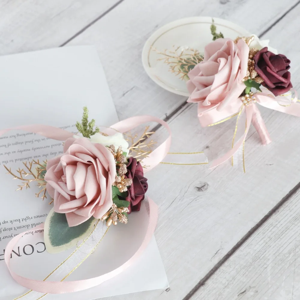 

Wedding Wirst Corsage Ribbon Man Boutonniere Marriage Flower for Bride Groom Boutonniere and Woman Corsage Romantic Decoration