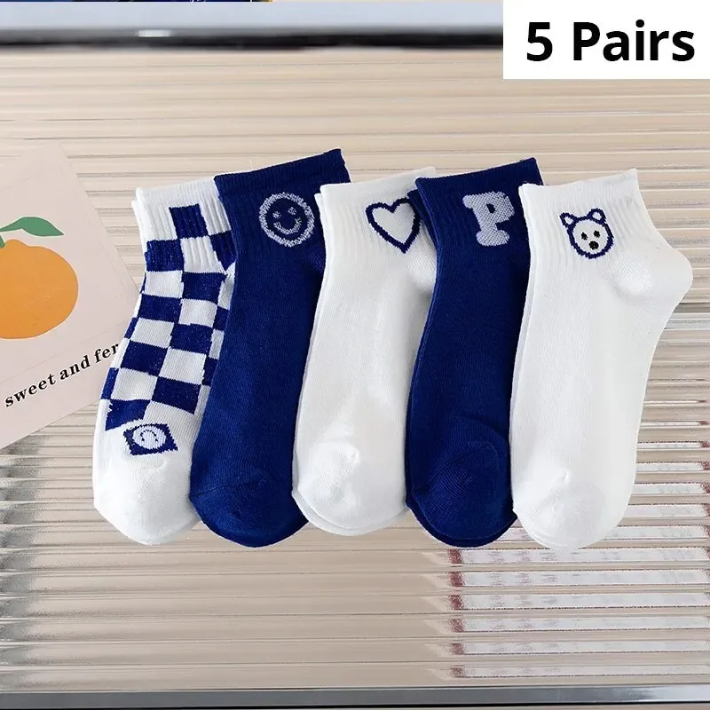 5 Pairs Of Klein Blue Womens Funny Cartoon Spring And Autumn Socks Harajuku Style Leisure Checked Boat Socks