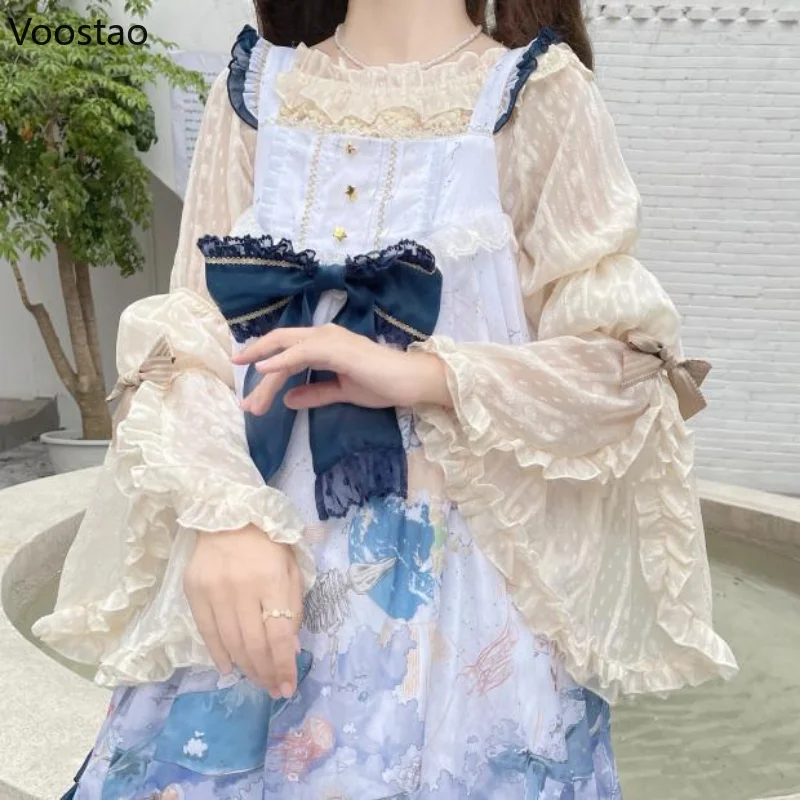 Vintage Victorian Kawaii Lolita Blouses Women Elegant Sweet Lace Ruffles Flare Sleeve Princess Shirts Female Gothic Blouse Tops