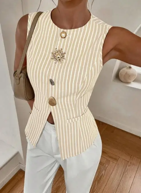 

Новинка 2025 года, элегантный сексуальный женский однобортный жилет, топы, куртка с элегантными полосками и пуговицами на шее, женская одежда, футболки