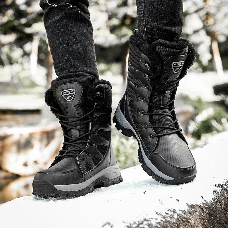 Botas de neve de pelúcia masculina, renda, top alto, ao ar livre, impermeável, antiderrapante, tornozelo, motocicleta, quente, inverno, novo