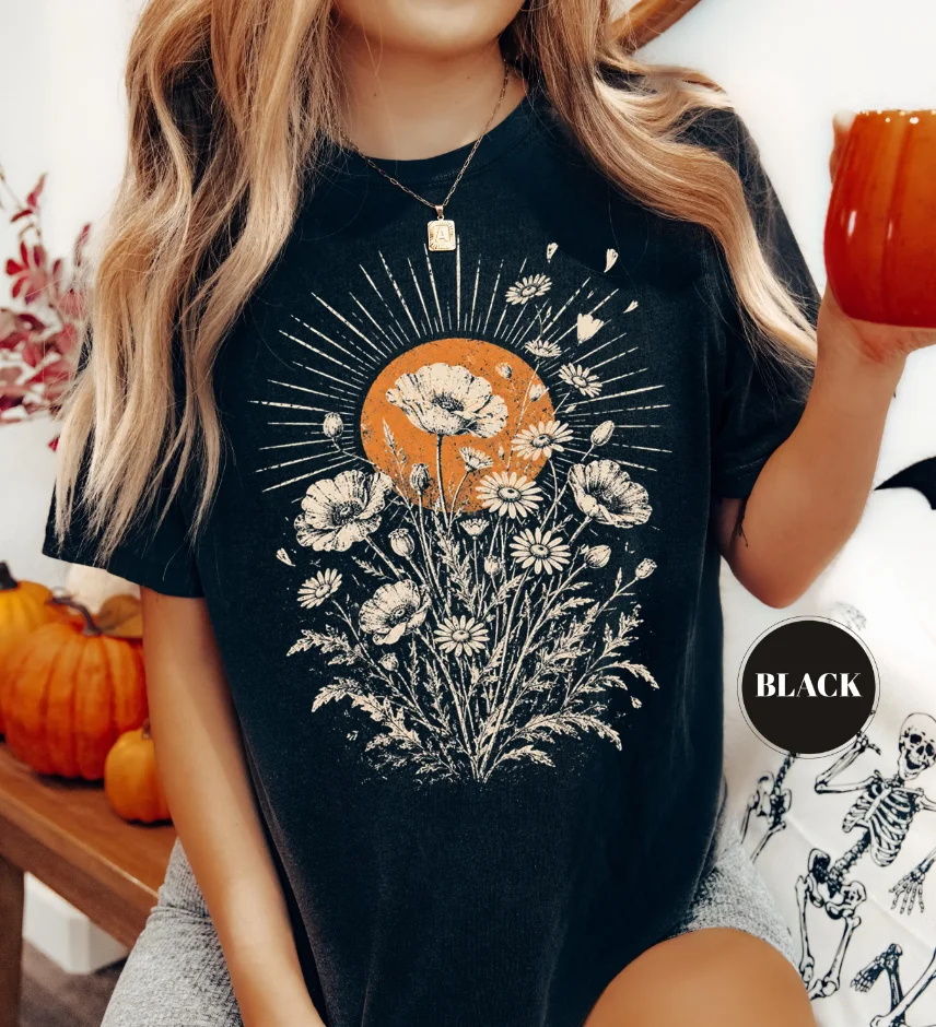 Summer Women's Boho Poppy Daisy Print T-shirt Streetwear Oversized Loose Casual Short Sleeve Suitable for All Seasons