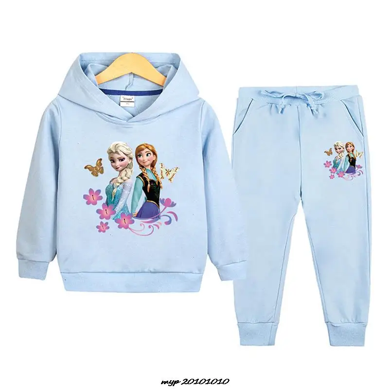 Disney Kids Sportswear Frozen Elsa Clothing Sets Baby Little Girls Fashion Sports Suits Hoodie Sweater+Pants Clothes 2Pcs Sets