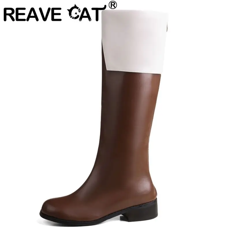 REAVE CAT Retro Female Knee High Boots Round Toe Block Heels Zipper Mixed Color Plus Size 46 47 48 Leisure Soft Riding Booties