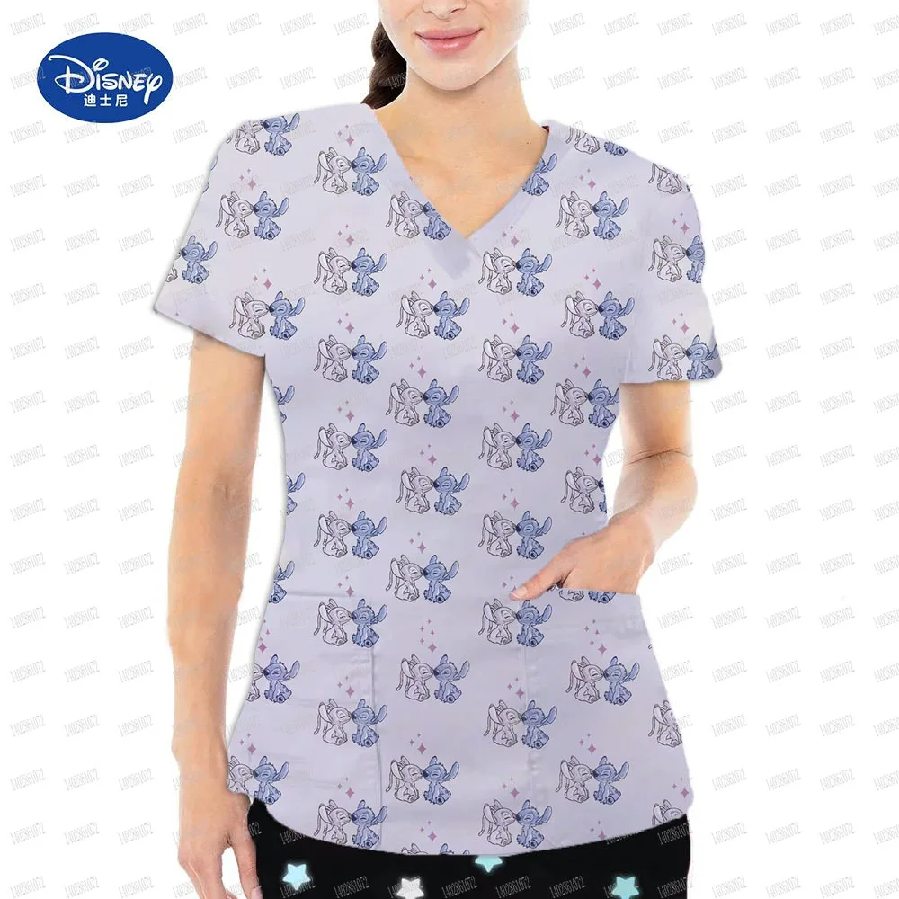 2024 Disney Uniform Women's Cartoon Stitch Print Nurse Work Shirt Pocket Gown Christmas Healthcare Nurse Scrubs Y2K Top