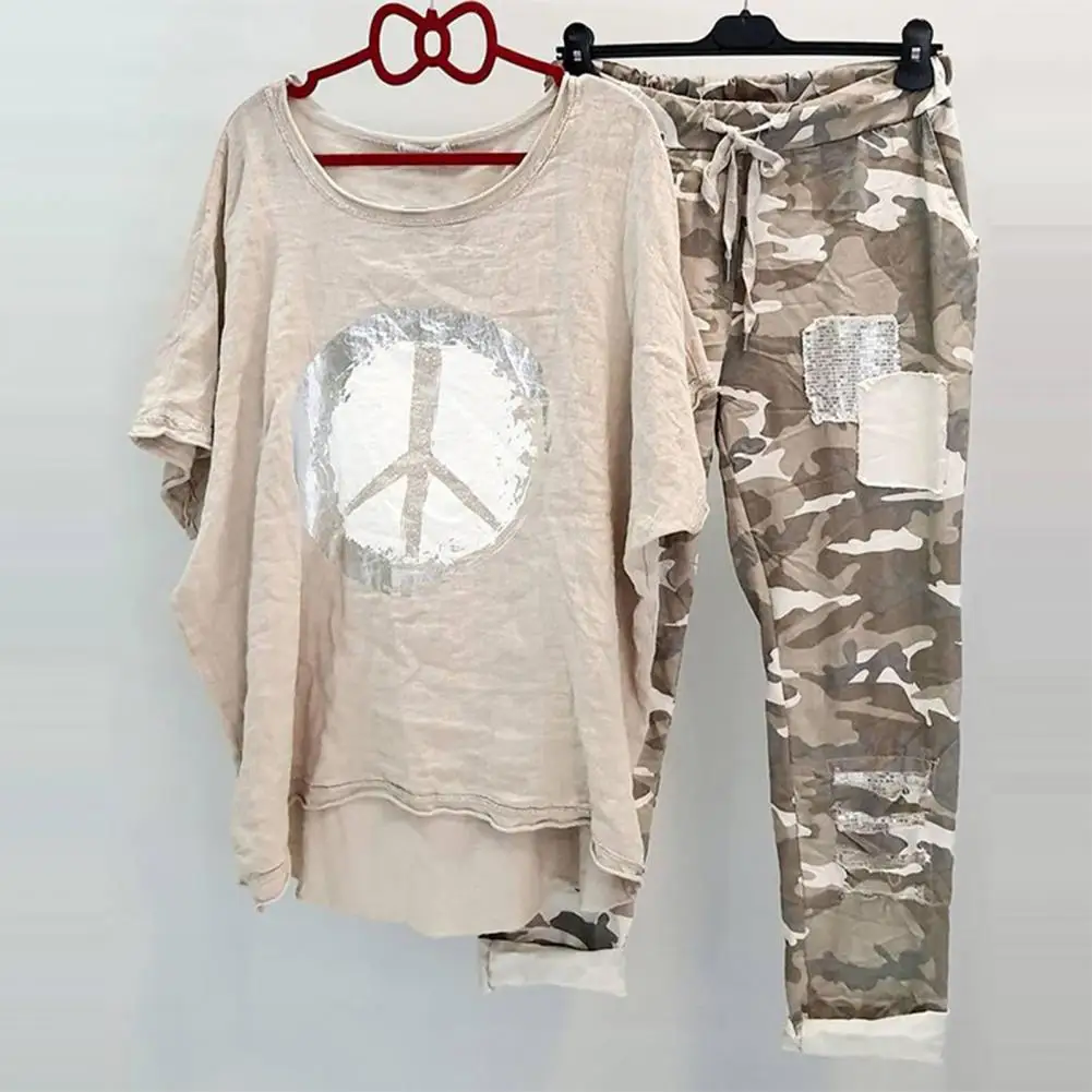 

1 Set T-shirt Pants Set Women Tracksuit O Neck Irregular Hem Blouse Camouflage Print Drawstring Pants Outfit Sets survêtements