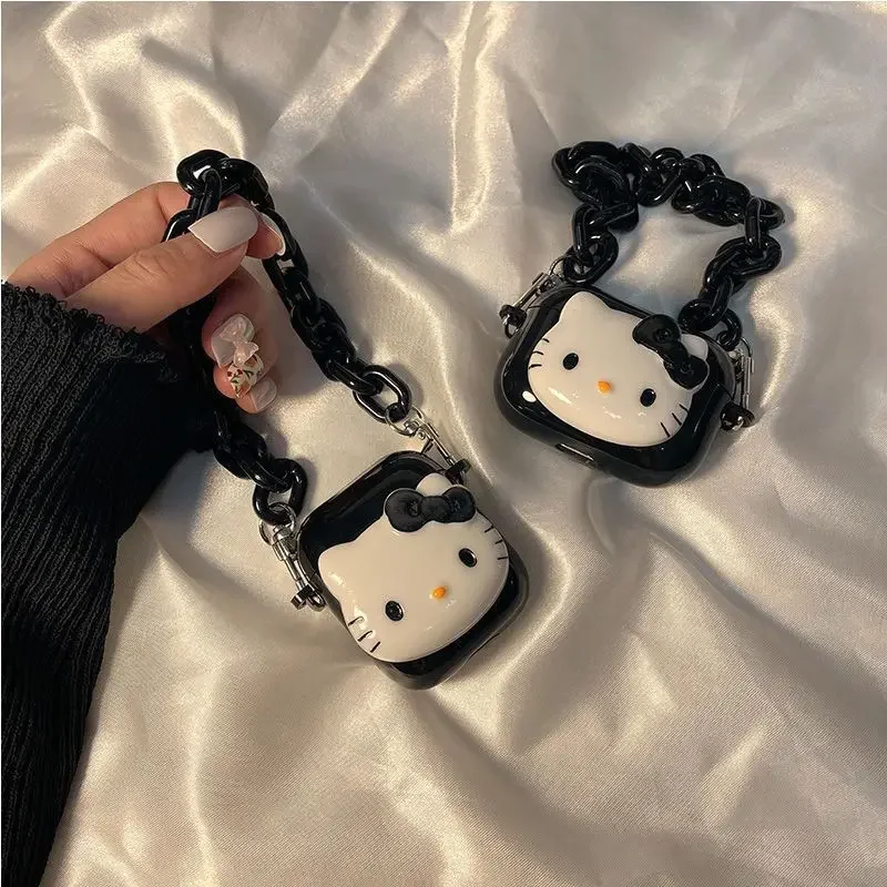 Hello Kitty Black Women Handbag Style Protective Earphone TPU Cover For Airpods Case/Airpods Pro 2 Case With Long Keychain