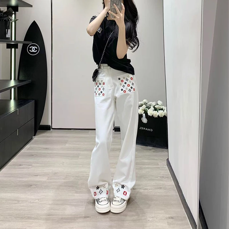 

Colorful Embroidered Spring/Summer Jeans Women High Waist Slimming Leg Stretching Wide Legs Casual Trendy Pants