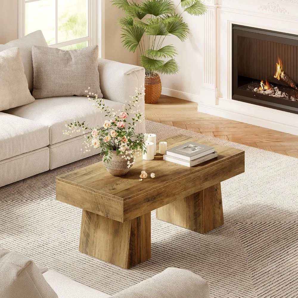 TREE Farmhouse Coffee Table, 47 Inches Wooden Rectangular Accent Center Tables with Thick Base, Modern Low Cocktail Tea F