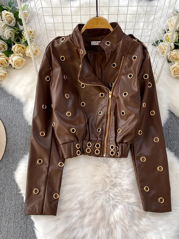 Casaco Feminino de Couro PU Faionable com Gola Alta e Detalhes em Metal, Estilo Vintage para Primavera, com Zíper, Ideal para o Dia a Dia.