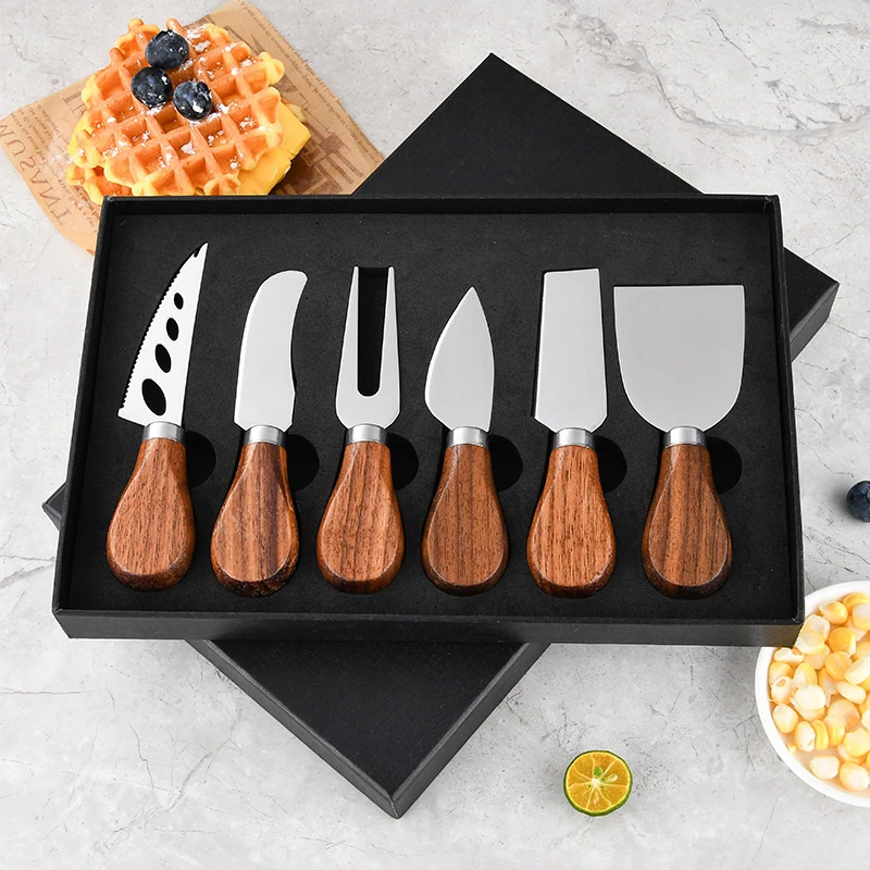 Set di coltelli da formaggio da 6 pezzi Collezione completa di coltelli da formaggio in acciaio inossidabile (manico in legno di acacia) Regali di Natale