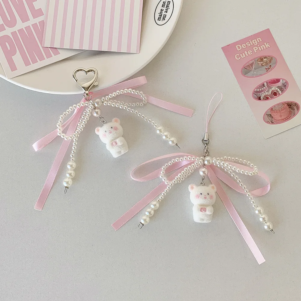 

INS Style Cute Bear Beaded Key Pendants Sweet Bow Ribbon Pearl Mobile Phone Chain Ornaments DIY Keychain Pendant