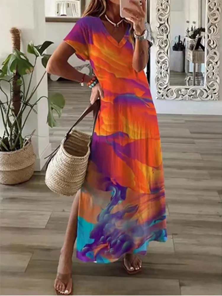 2024 New Summer Fashion V-neck Printed Dress Women\'s Solid Color Pocket Casual Minimalist Beach Long Dress