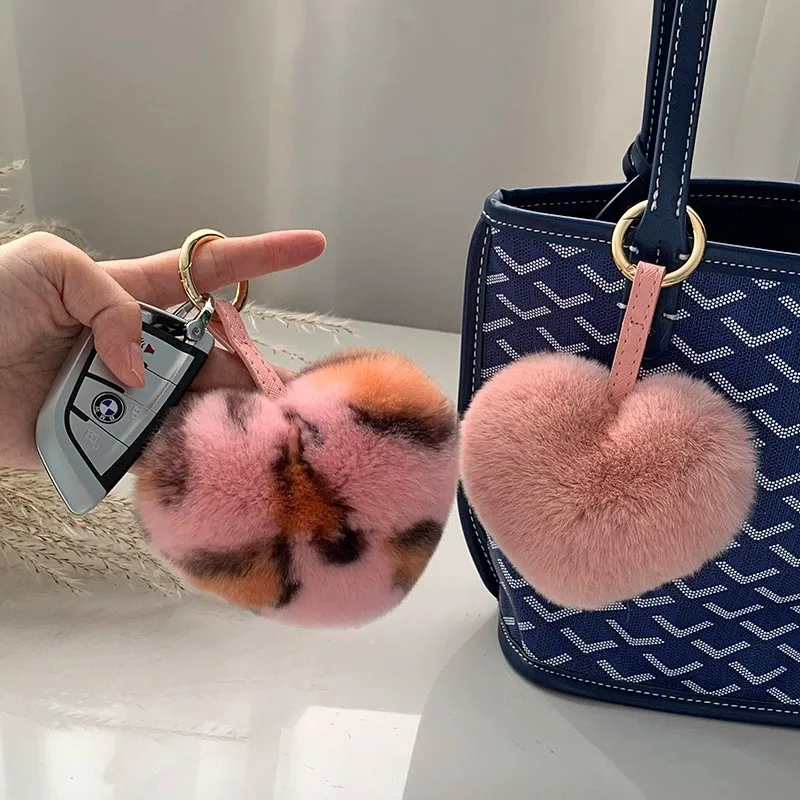 2024 Natural Real Rex Rabbit Fur Key Chain Stuffed Heart-Shaped Keychain Bag Charms Korean Car Keychain Decoration Gifts