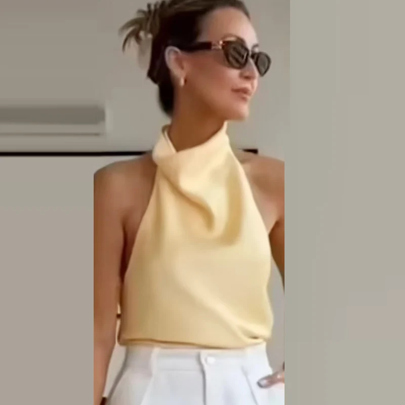 HXAO الساتان الرسن الأعلى المرأة الصيف 2025 أسود أصفر الدبابات وكاميس المحاصيل السلس قبالة الكتف تانك القمم أكمام سترات عارية الذراعين
