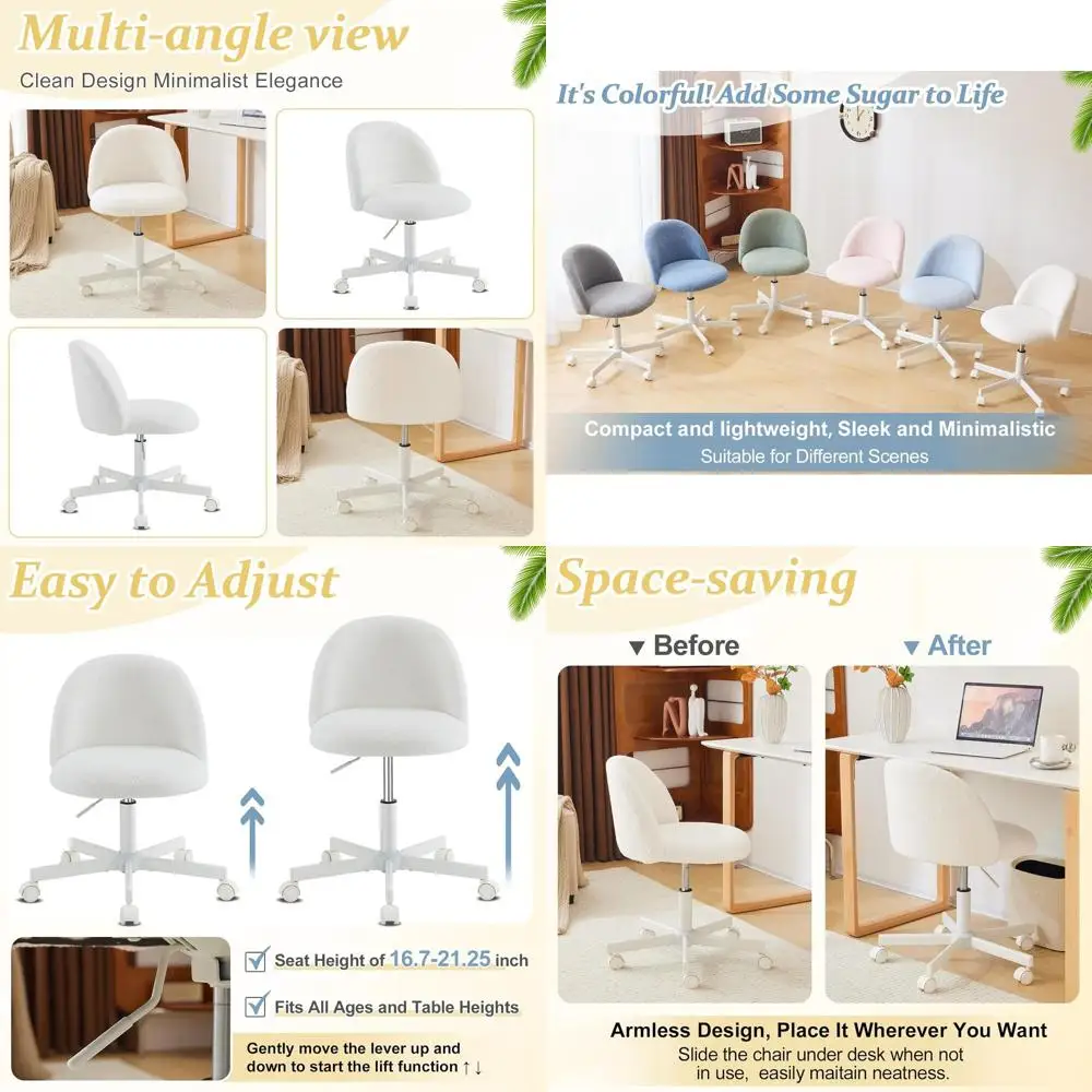 

Elegant Velvet Office Chair with Backrest, Compact and Quiet Wheels, Comfortable White Desk Seat for Women