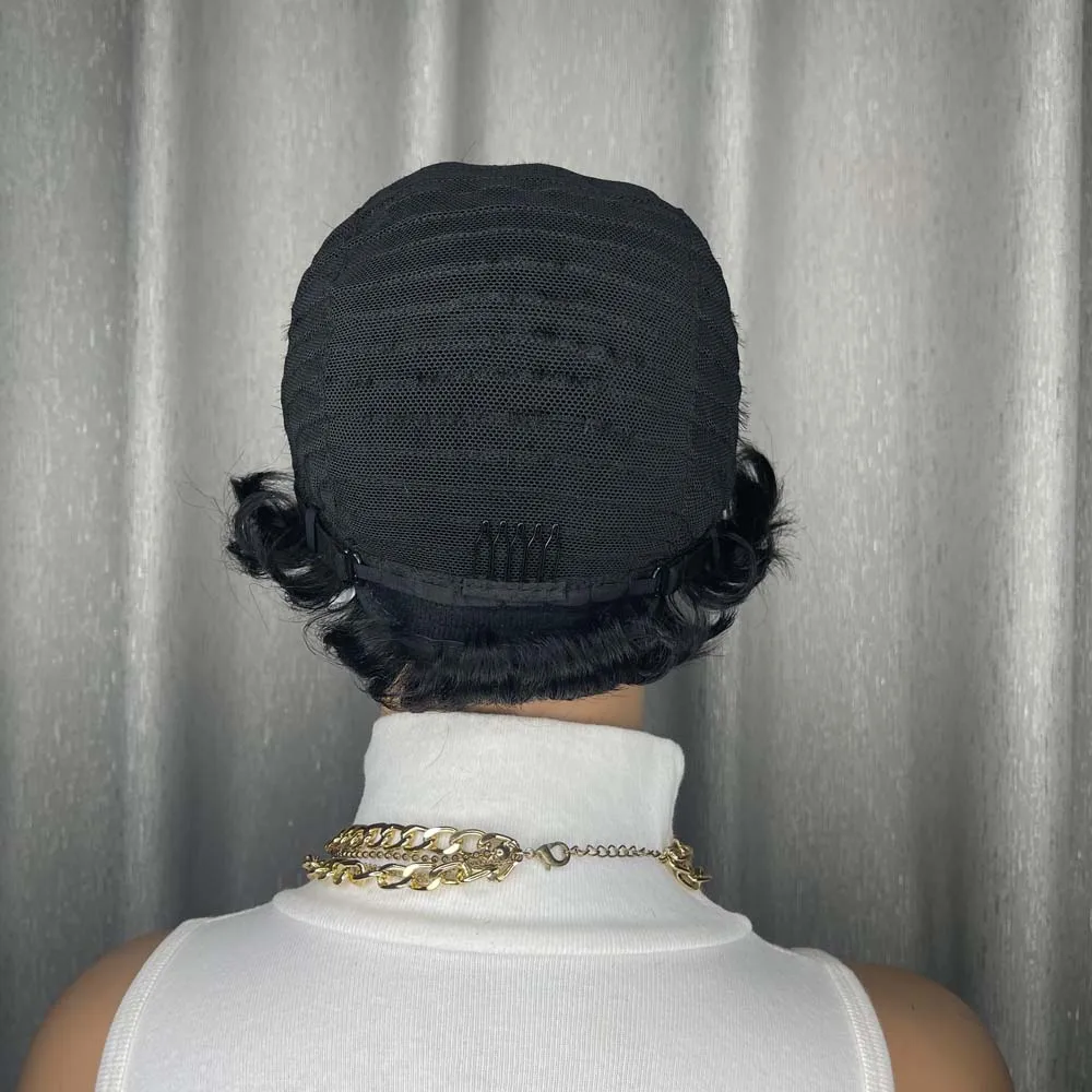 باروكات شعر بشري قصيرة بقص عابث للنساء ذوات البشرة السمراء، باروكة شعر بشري ريمي للاستخدام اليومي، شعر مستعار طبيعي مصنوع آليًا باللون الأسود