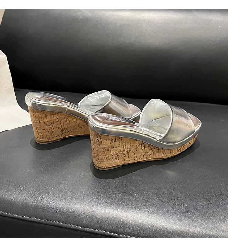 AIYKAZYSDL 2025 Square Toe Cork Heel Wood Shoes Light Slippers Slides Mules Platform Wedge Heel Flip Flops Silver White Sandals