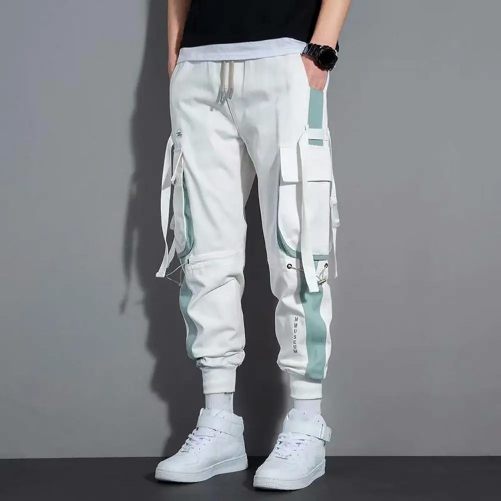 Men Pants Hop Streetwear Cargo Pants with Multi Pockets Strap Decor for Men Loose Fit Elastic Waist Ankle-banded for Work