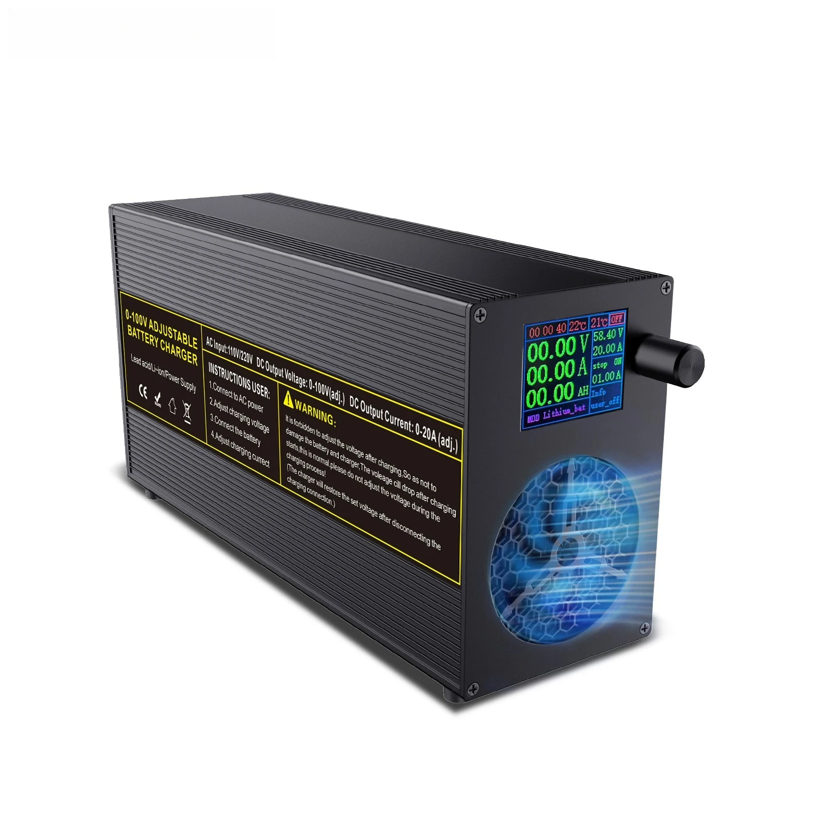 

0-100V 20A Smart LiFePO4 Battery Charger–Adjustable Voltage/Current, 60V 40A Universal Adapter for E-bike, Scooter, Solar System