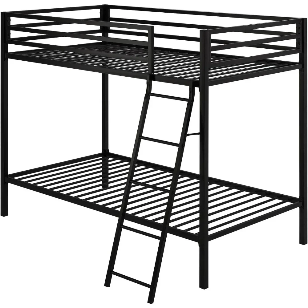 Twin Over Twin Metal Bunk Bed for Juniors, Industrial Twin Bunk Beds Frame with Inclined Stairs & Full-Length Guardrail,Black