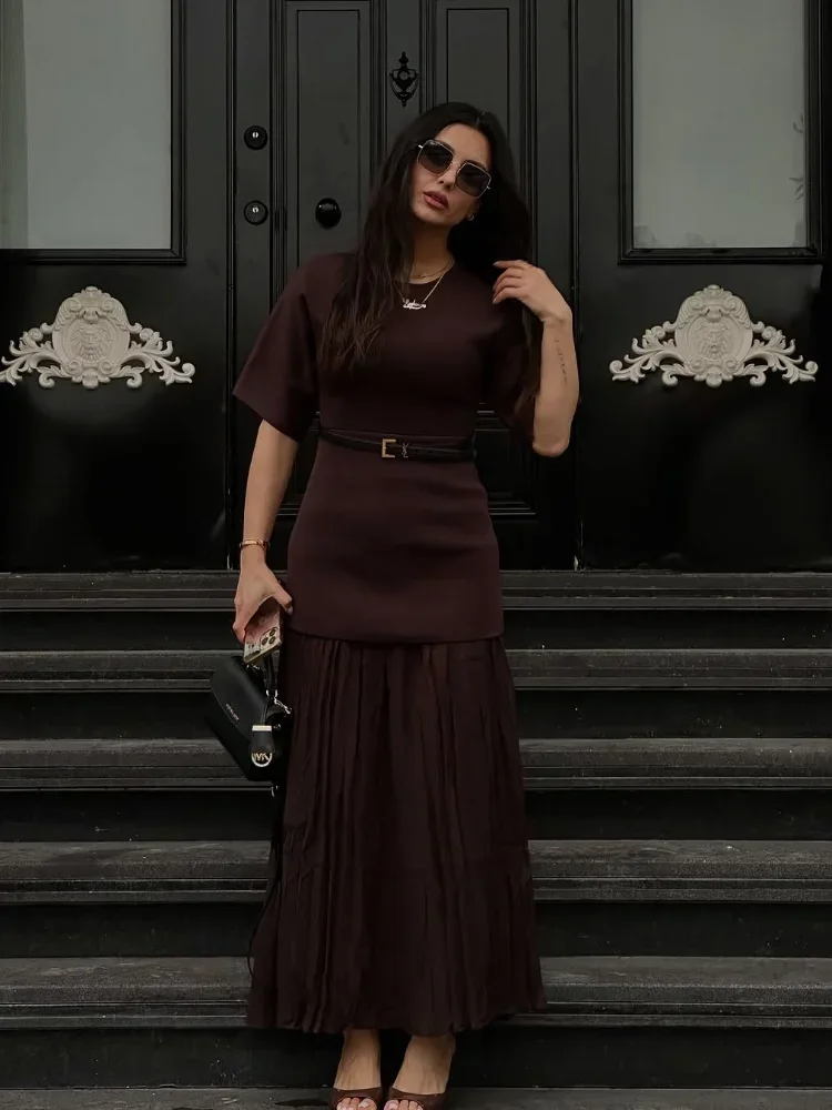 2025 New Woman Pleated Gauze Patchwork Midi Dress Elegant O Neck Short Sleeved Wrapped Waist Dresses Lady Office Vestido