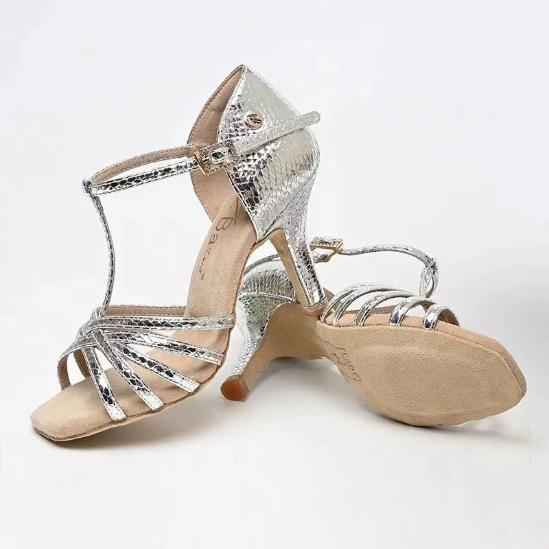 Venny Zapatos de baile latino, zapatos de salón profesionales plateados con suela flexible para mujer para competición Rumba Cha
