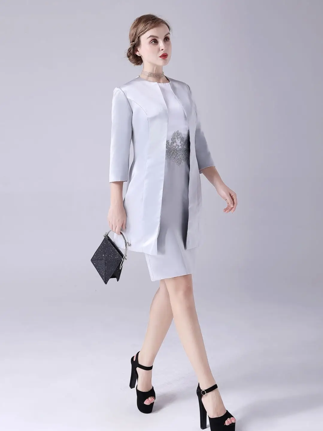 White Silver Satin Short Mother Of Bride Dresses Suits With Coat Jacket 3/4 Sleeves Knee Length Women Dress For Wedding Party