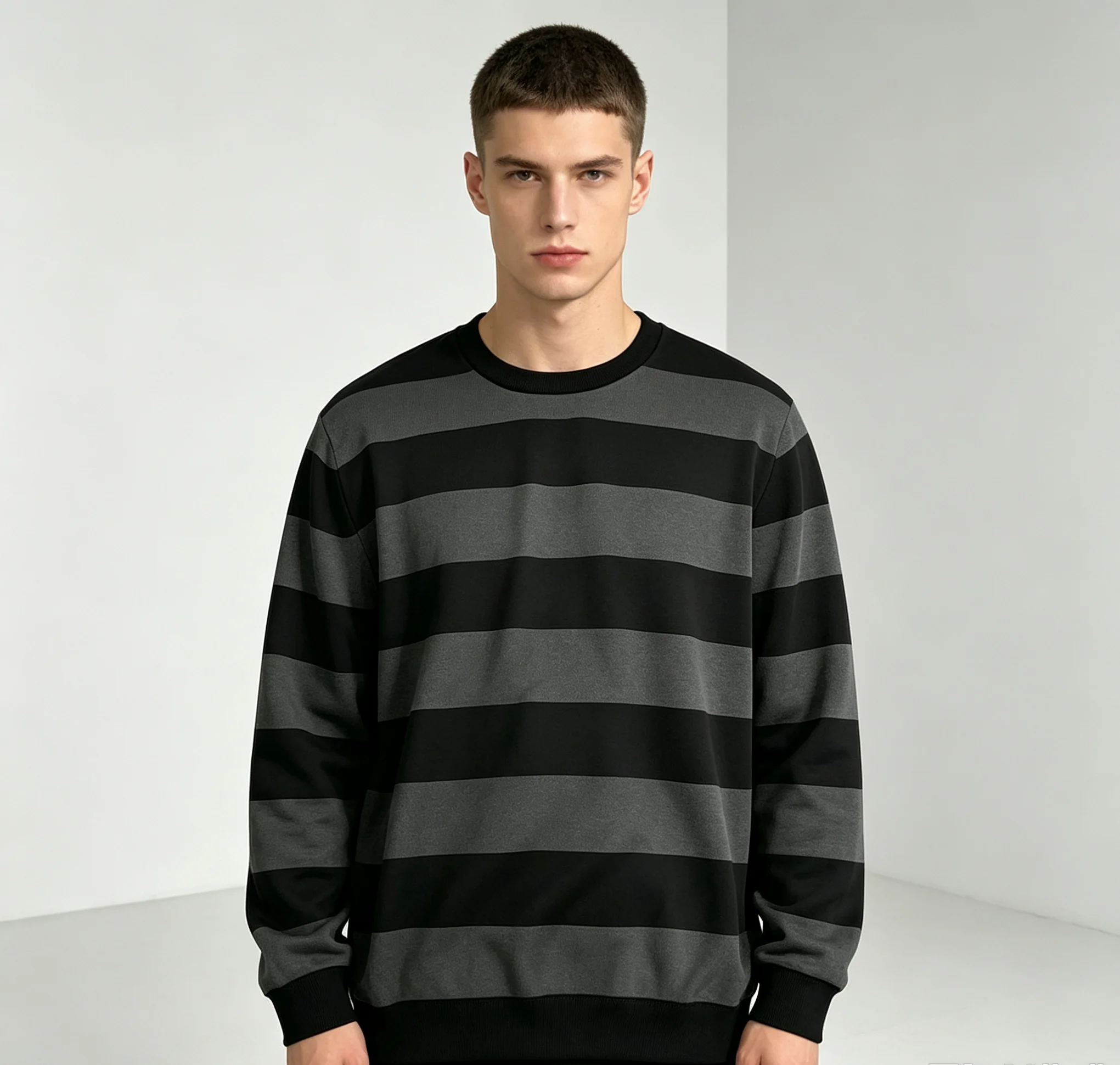 2026 Unisex Black Neckline Black Grey Stripe Polyester Long Sleeve Top Punk Y2K Loose Streetwear Pullover